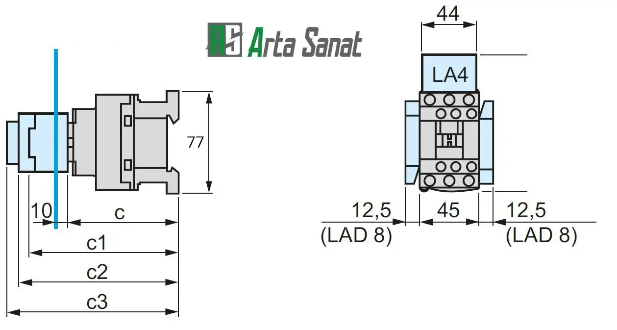 کنتاکتور 9 آمپر اشنایدر D9 مدل LC1D09M7 ابعاد کنتاکتور d9