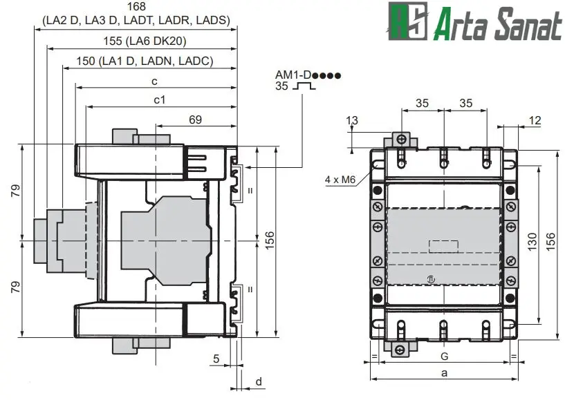 کنتاکتور 115 آمپر D115 مدل LC1D115M7 اشنایدر ابعاد کنتاکتور 115 آمپر مدل LC1D115M7 اشنایدر