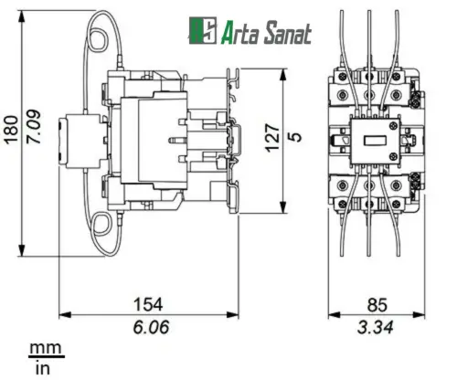 کنتاکتور خازنی 60 کیلووار 220VAC اشنایدر ابعاد کنتاکتور خازنی 60 کیلووار مدل D12.